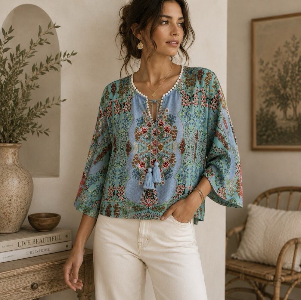 FARM Rio X Anthropologie Floral Primrose Garden Tassel Tunic Blouse XS Boho